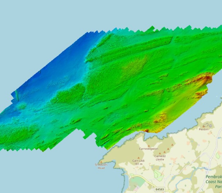 A photo of sponge, anthozoa and mytilus mussel. A Bathymetric map of Pembrokeshire.